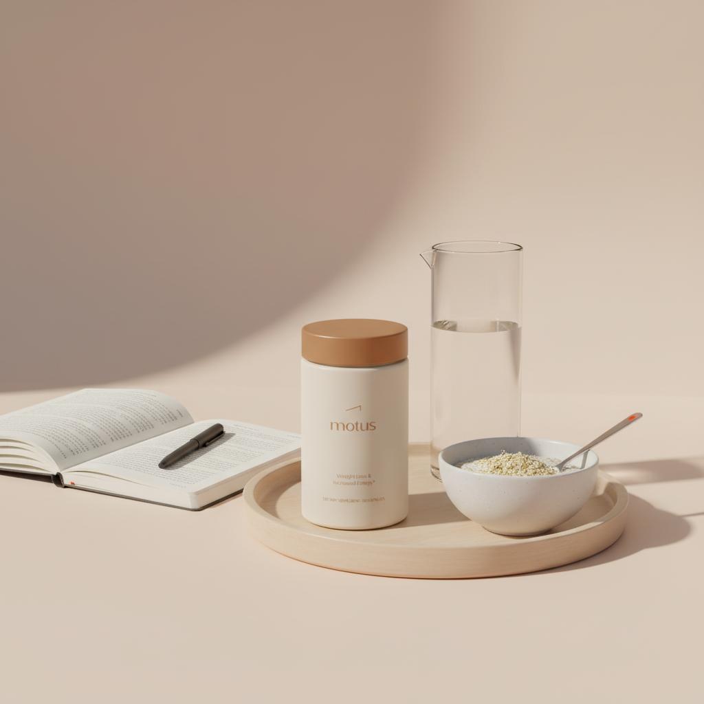 Motus supplement jar on wooden tray with journal, carafe and oats with psyllium husk in a clean Tonum morning scene promoting natural Ozempic alternatives