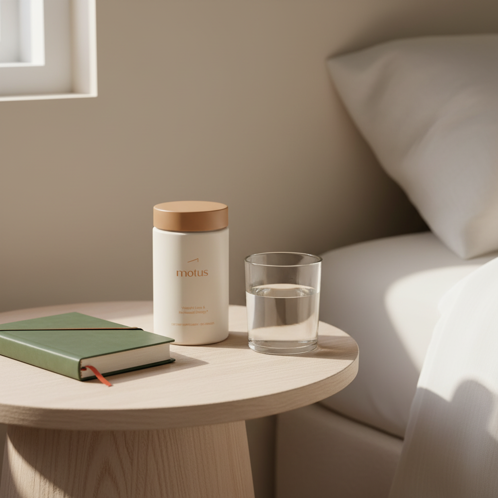 Tonum Motus jar on a bedside table with a journal and glass of water in soft morning light, minimalist clinical lifestyle scene for leptin prescription and sustainable weight loss.