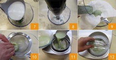 Giữ lại 1 nửa số lá bạc hà rồi cho vào máy sinh tố, xay nhuyễn cùng hỗn hợp sữa bên trên (nếu thích vị bạc hà mạnh thì các bạn dùng tất cả số lá bạc hà theo công thức. Đặt khăn xô sạch lên lưới lọc rồi rây mịn hỗn hợp (bước này sẽ giúp kem làm ra mịn, không bị lơn cợn). Bóp mạnh khăn xô để đảm bảo nước được chắt ra hết. Đổ hỗn hợp kem vào máy làm kem trong 30 phút.