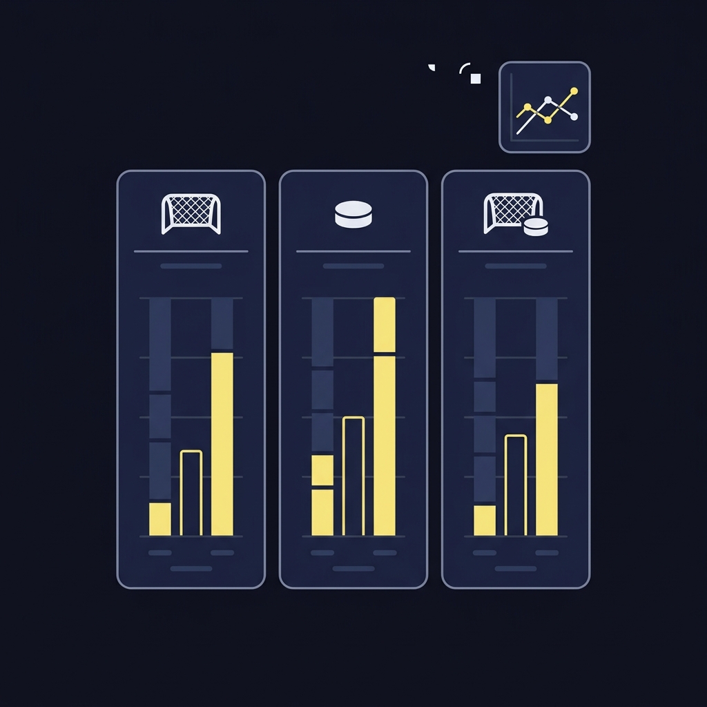 Goalie Save Props Explained minimalist 2D vector stat sheet showing shots on goal bar charts by period and a small tracking data thumbnail on a dark Funded Plays style background