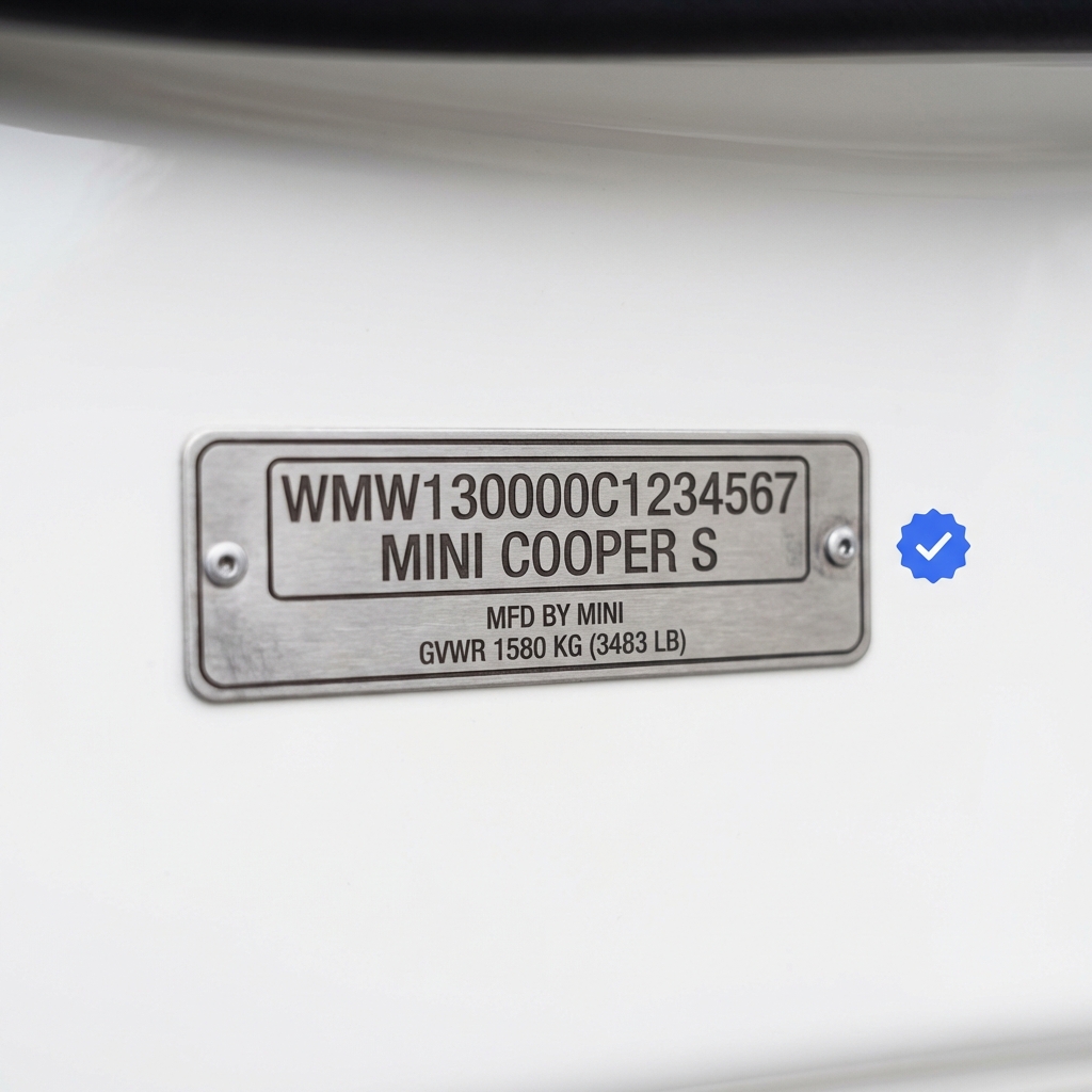 Close up of Mini Cooper VIN plate with blue verified checkmark overlay indicating inspected and ready mini cooper for sale