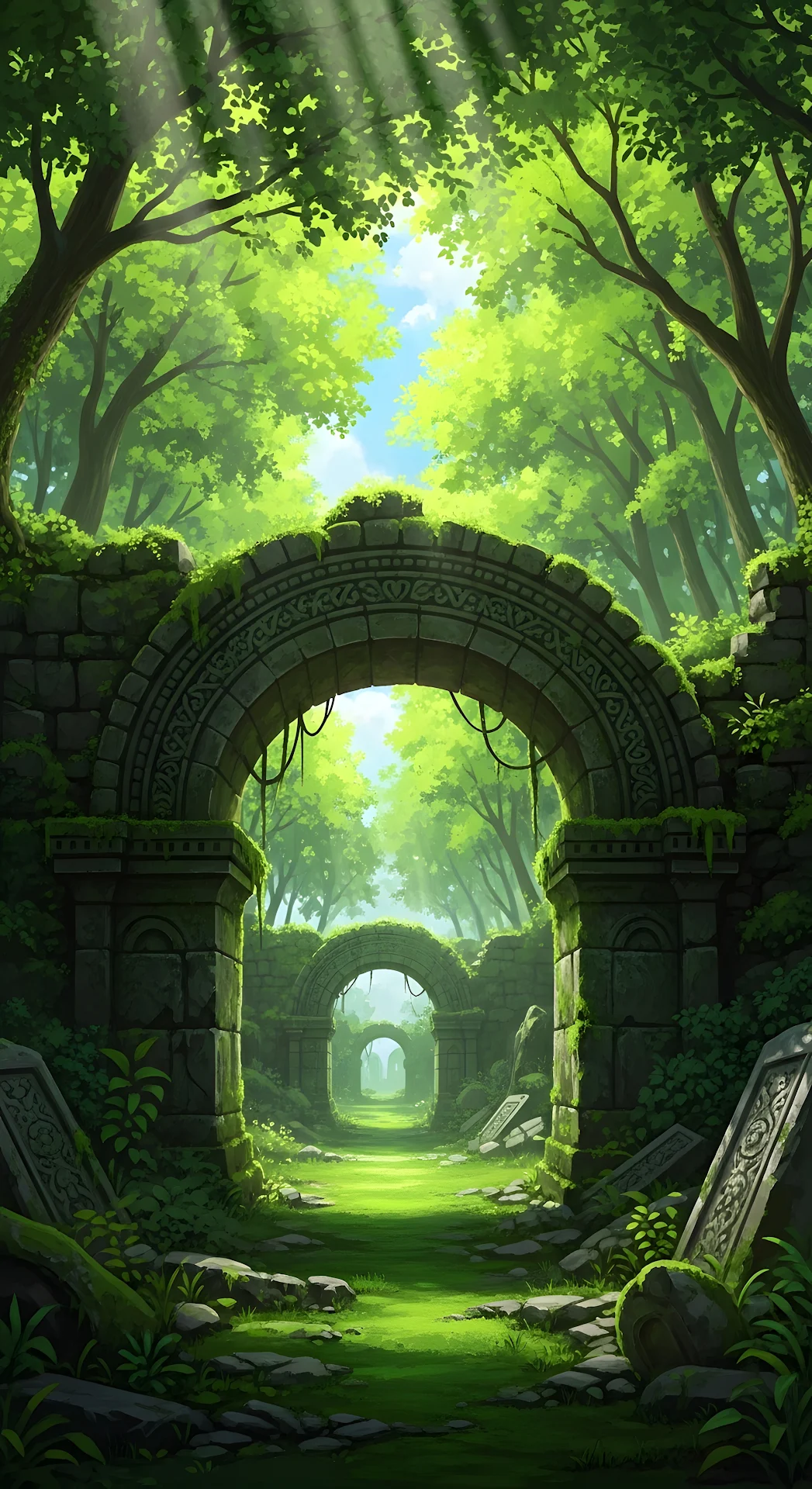 Sunlit Ancient Ruins Trail Through Lush Green Forest - Free 4K mobile Wallpaper