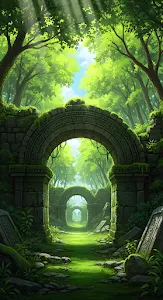 Sunlit Ancient Ruins Trail Through Lush Green Forest