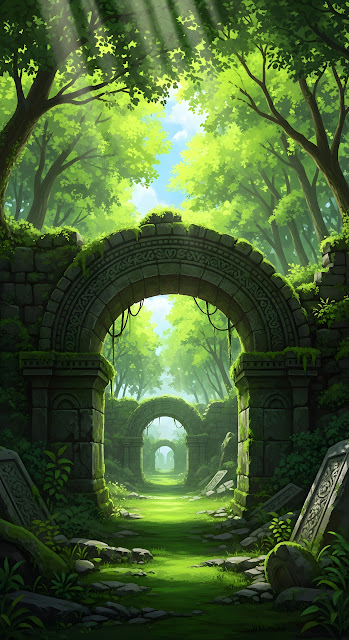 Sunlit Ancient Ruins Trail Through Lush Green Forest - Free mobile Wallpaper