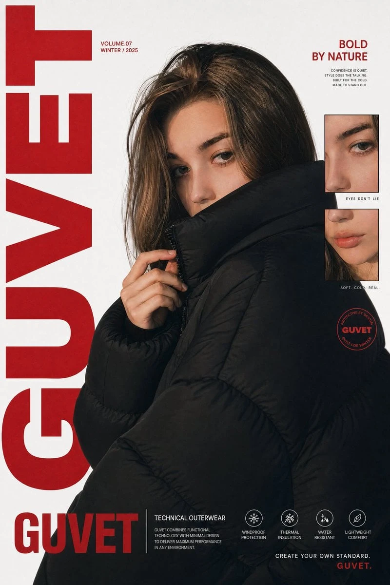 Un llamativo póster editorial de moda que muestra a una joven modelo en un retrato de medio cuerpo en primer plano, envuelta en un...