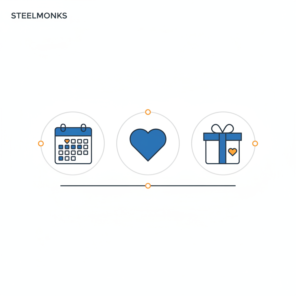 Minimalistische 2D-Vektor-Infografik mit Kalender-, Herz- und Geschenk-Icons in Steelmonks-Farben auf #FAFAFF Hintergrund, Thema: wie macht man eltern glücklich