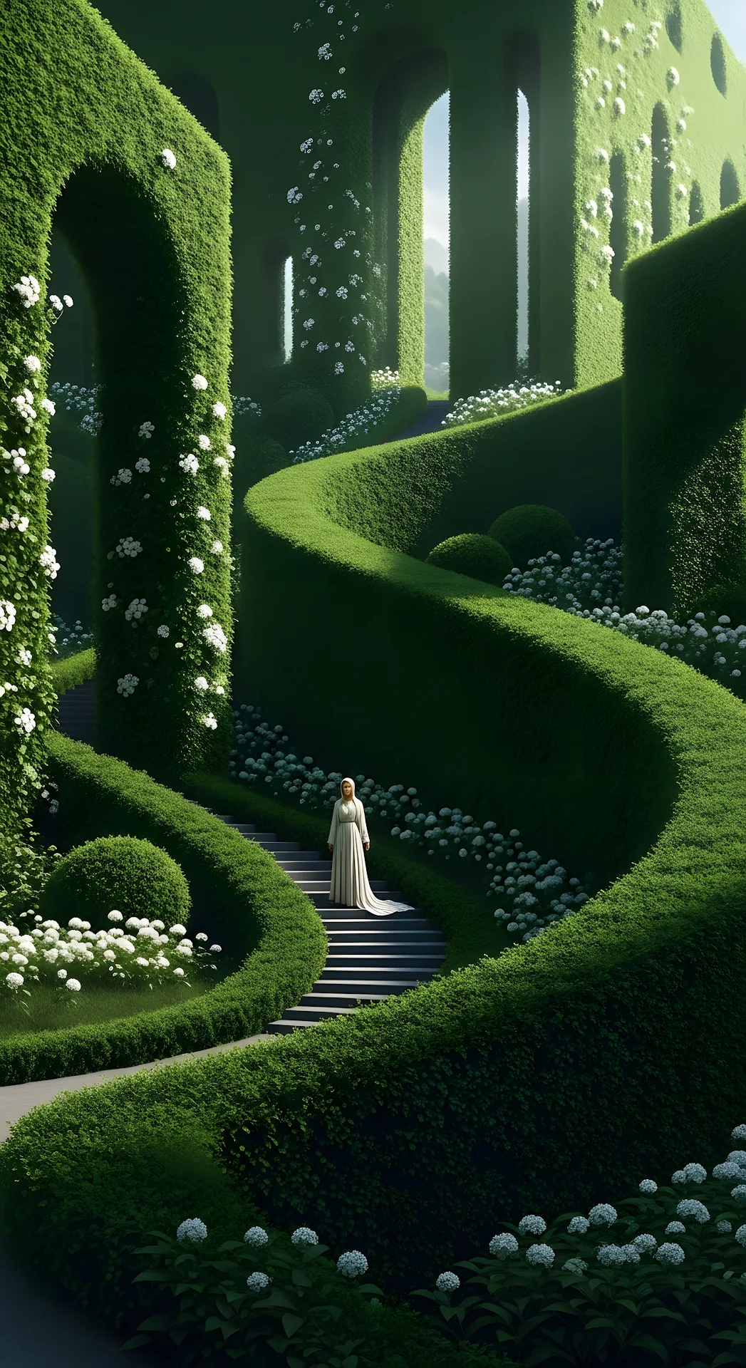 Winding Topiary Garden Stairs with Woman in White Dress - Free 4K mobile Wallpaper