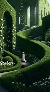 Winding Topiary Garden Stairs with Woman in White Dress