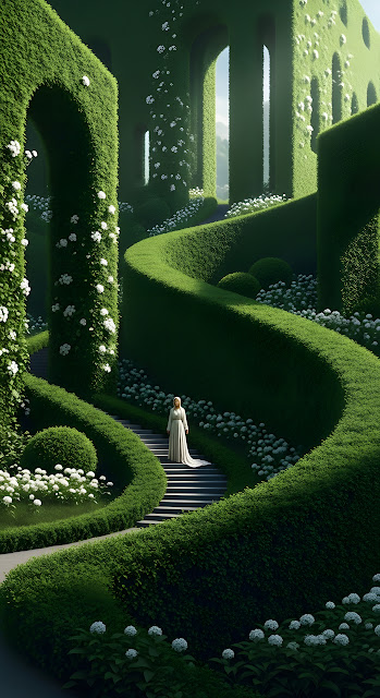 Winding Topiary Garden Stairs with Woman in White Dress - Free mobile Wallpaper