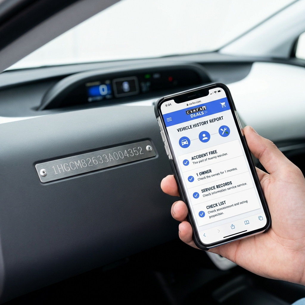 Close up of car dashboard VIN and hand holding smartphone displaying vehicle history report for a shopper searching cheap cars for sale near me