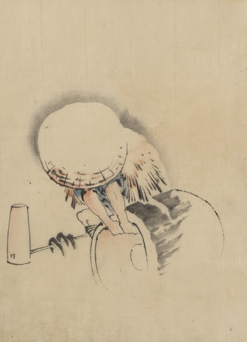 A man wearing a large conical hat and a straw or feather garment 1830 1850