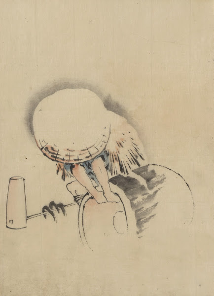 A man wearing a large conical hat and a straw or feather garment 1830 1850