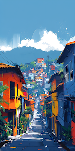 Vibrant Favela Street Art Illustration, Colorful Tropical Slopes