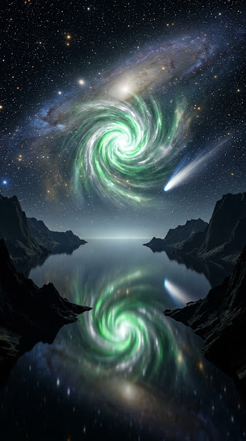 Celestial Fantasy Landscape with Radiant Green Quasar - Free mobile Wallpaper