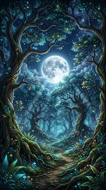 Fantastical Moonlit Forest with Bioluminescent Trees - Free mobile Wallpaper