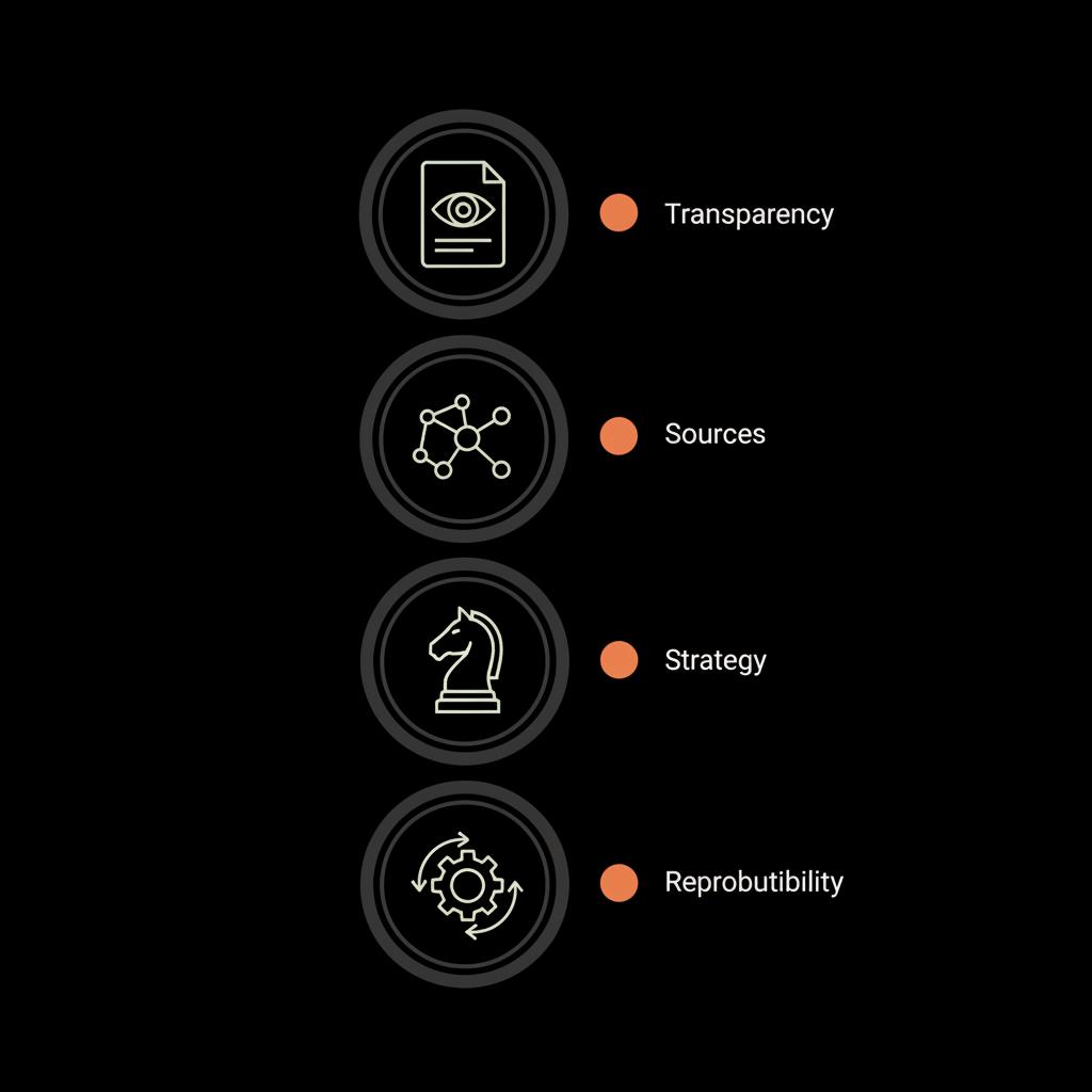 Minimal 2D vector checklist infographic for best YouTube channel for investing: four flat icons for transparency, sources, strategy, reproducibility on a black Social Success Hub background.