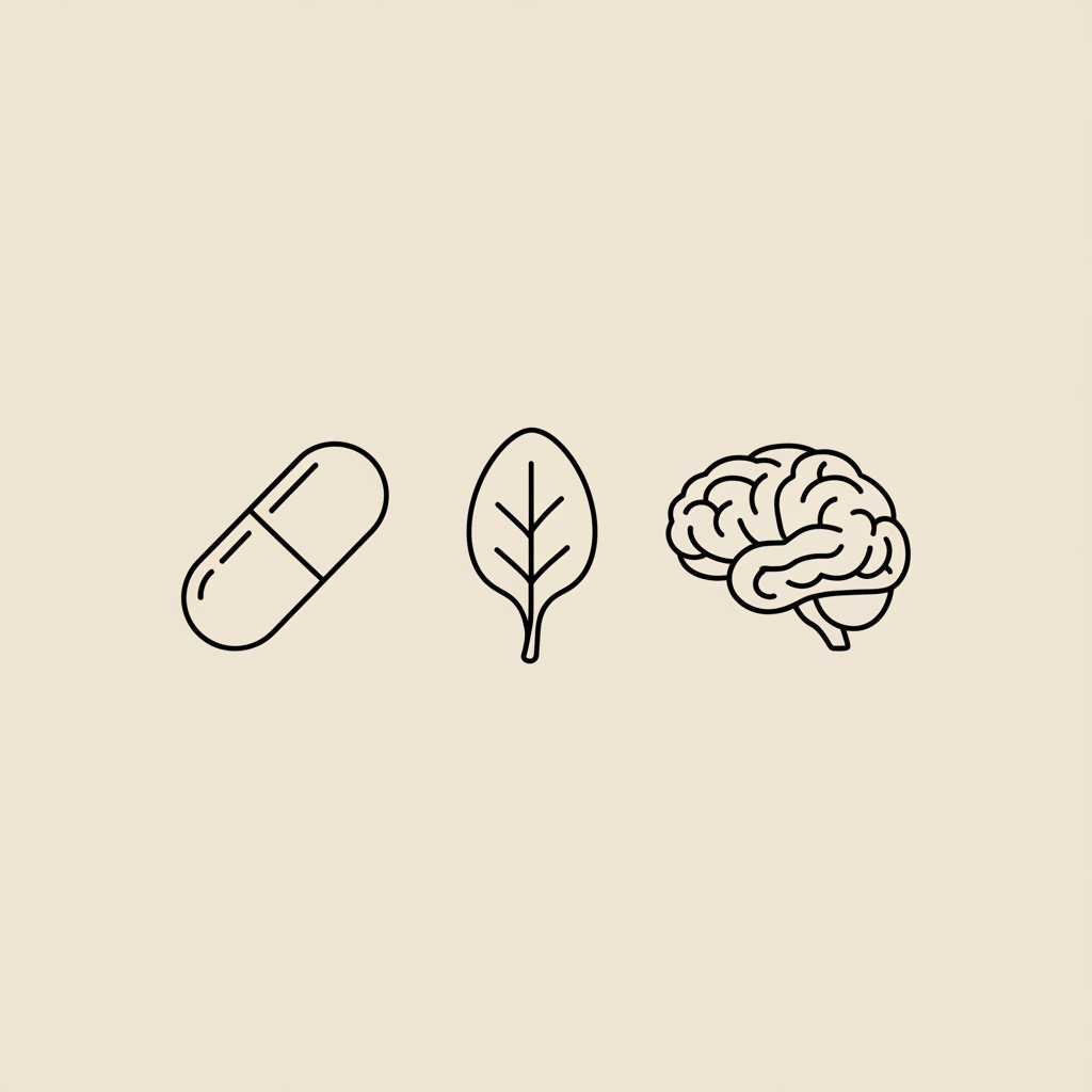 Minimal 2D vector Tonum-style line illustration of a capsule, spinach leaf, and small brain on a beige background, symbolizing magnesium for brain fog