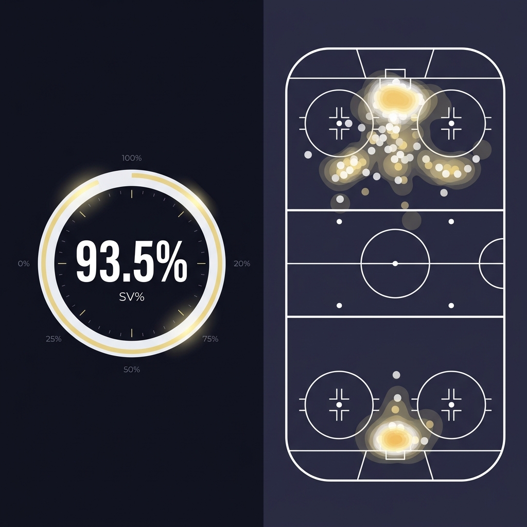 Split infographic showing SV% gauge on the left and a high danger shot heat map on the right to visualize shot quality differences Why Starting Goalies Matter So Much