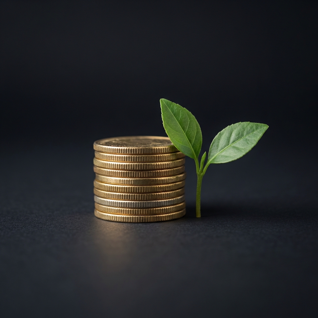 Close up stacked coins with small plant sprout on dark background make $1000 a month with stocks green and gold accents