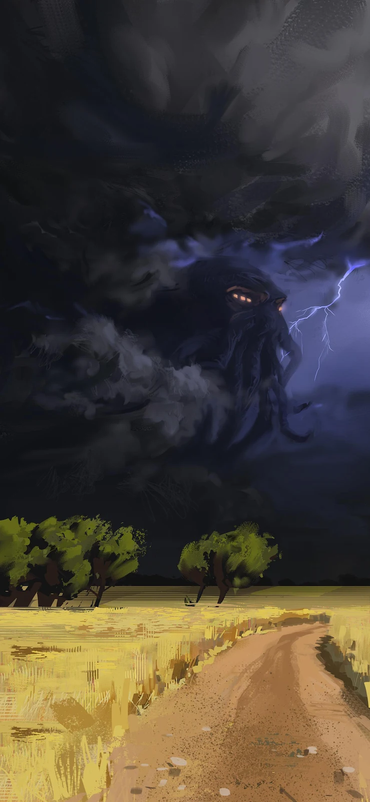 Cthulhu Rising Above Stormy Fields - Digital Art 2K iPhone Wallpaper (1484x3215)
