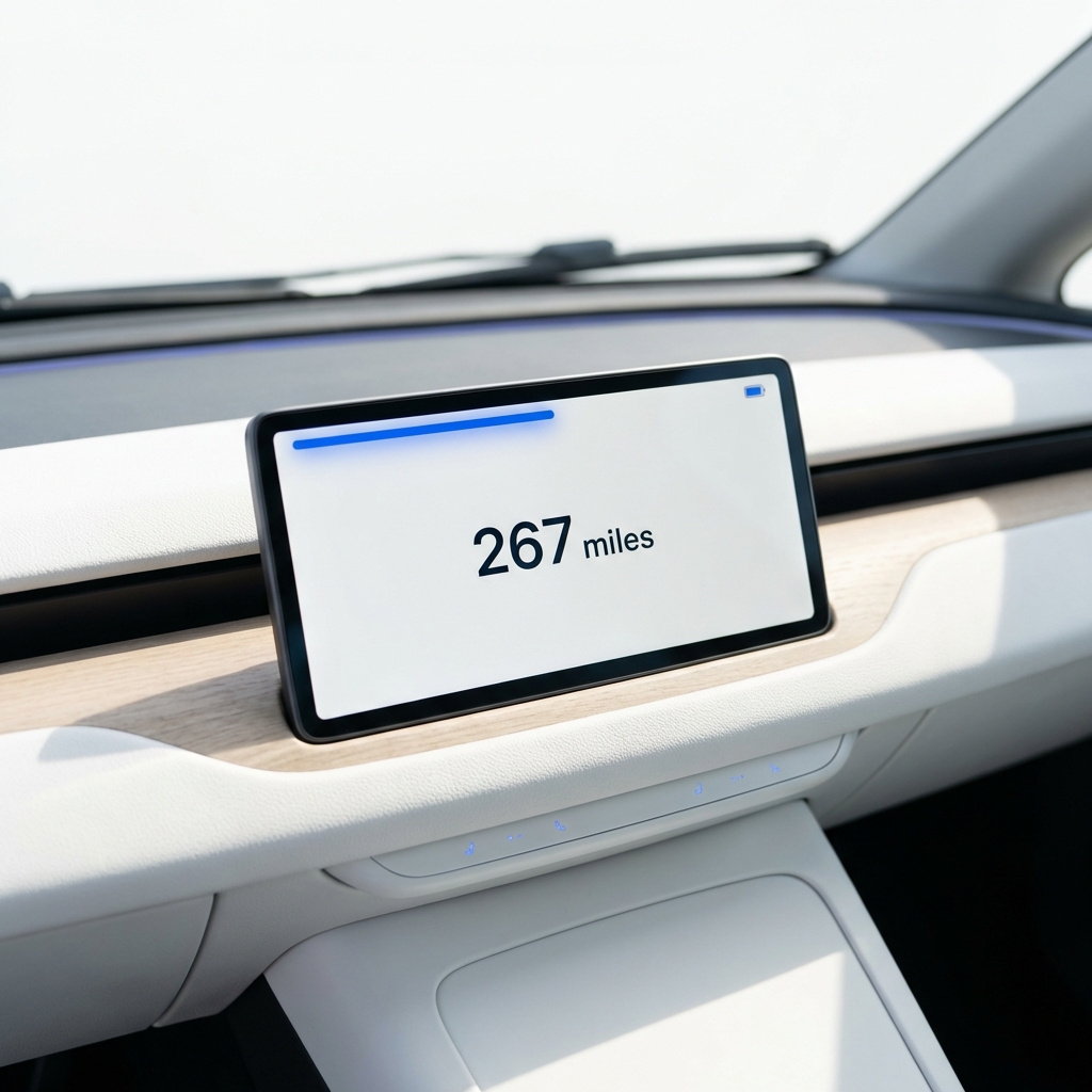 Close up Tesla Model 3 dashboard center display showing EPA range 267 miles in a clean white minimal interior teslas for sale near me