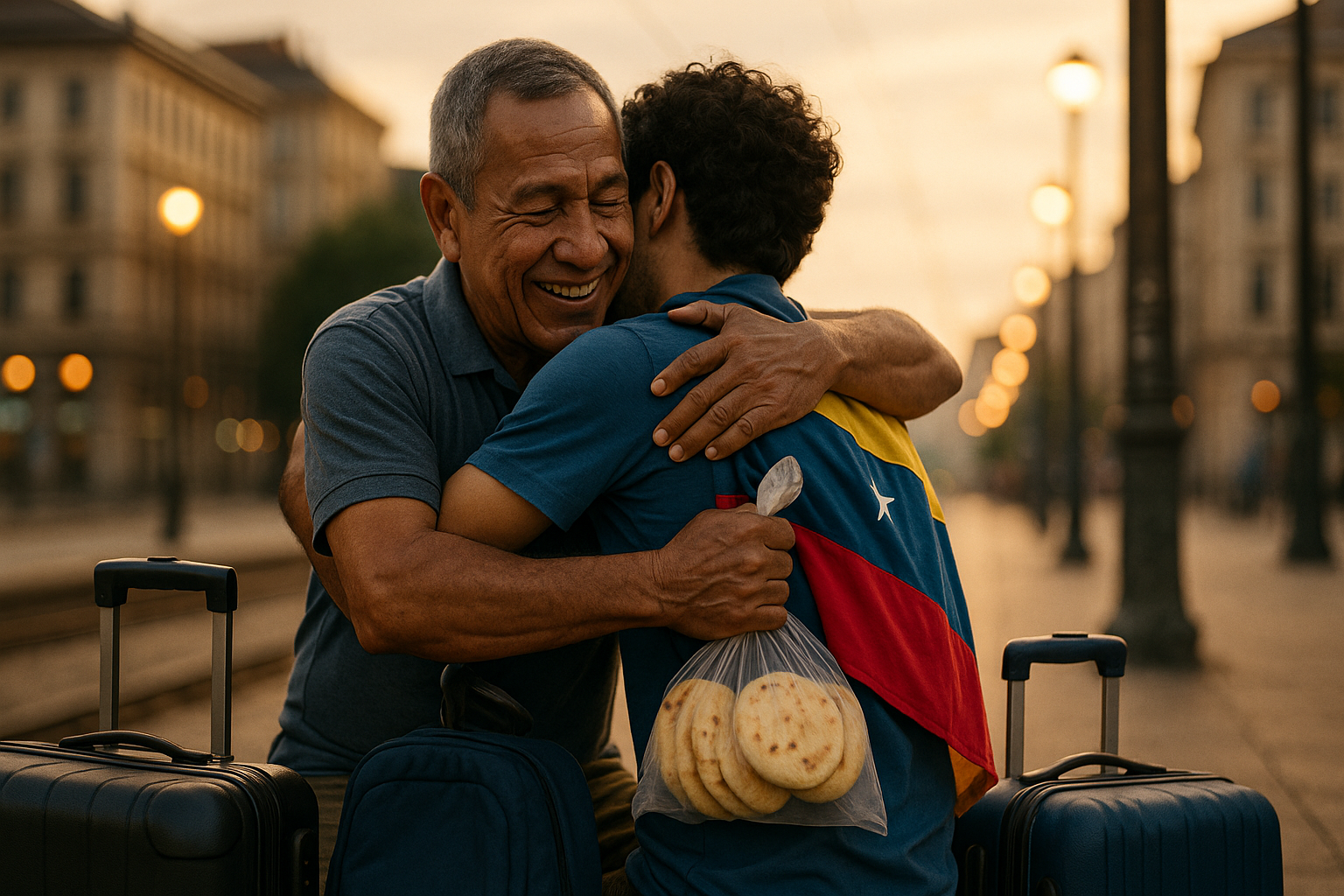 Venezolanos en una gran ciudad ayudándose con sonrisas y maletas