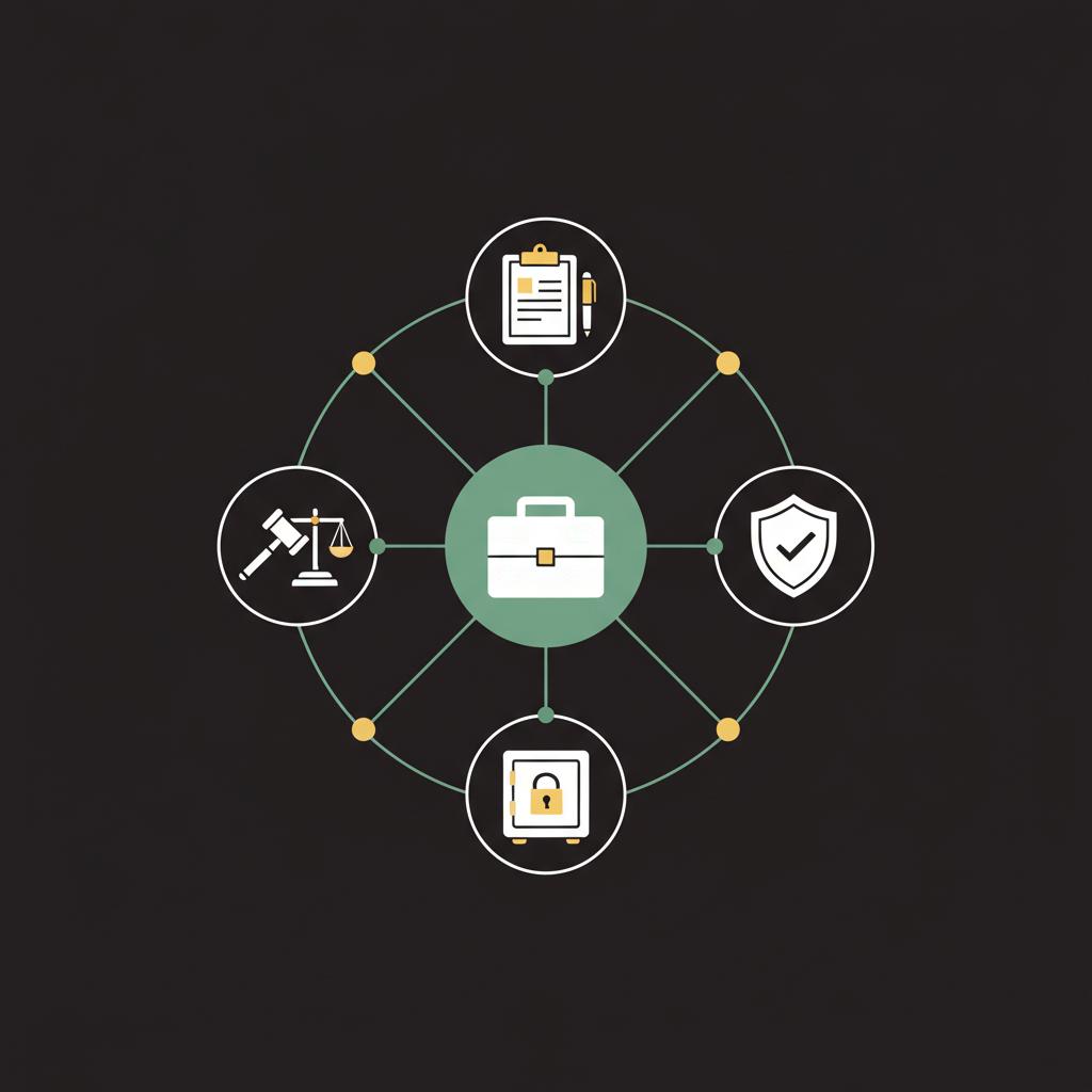 Minimal minimalist 2D vector network diagram showing legal administration custody and compliance icons connected for article how to establish a hedge fund