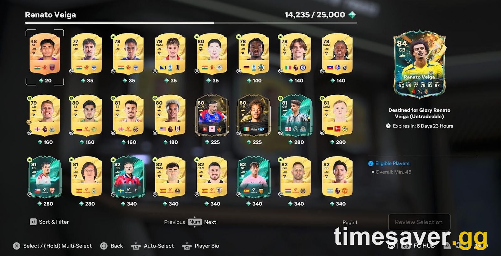 EA SPORTS FC 27 Squad Building Challenge player-selection screen showing a grid of gold cards with transfer prices from 20 to 340 coins next to a Destined for Glory Renato Veiga untradeable reward