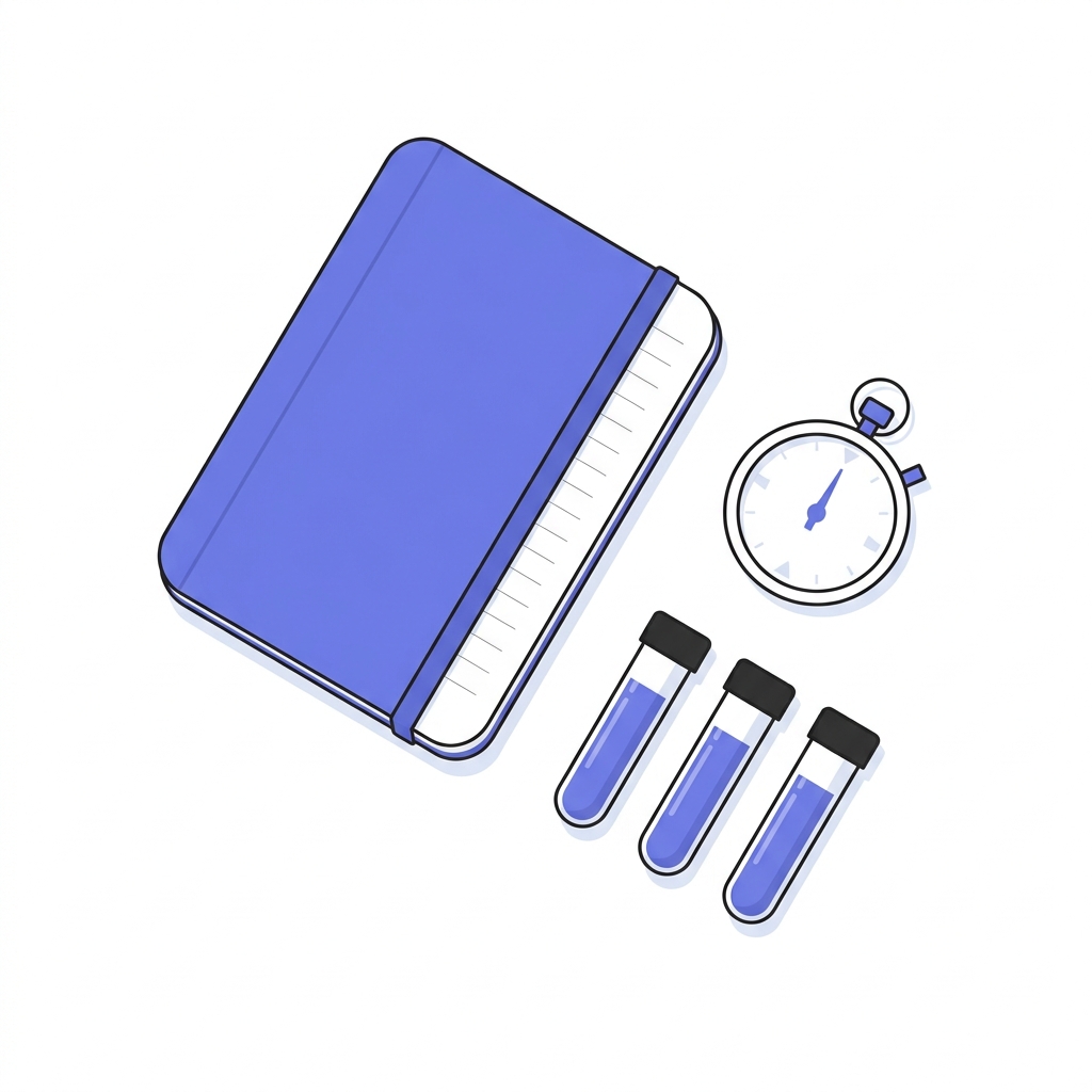Minimalist 2D vector flat lay of a field notebook stopwatch and sample vials on white background using peptides brand colors to convey methodical testing and logging