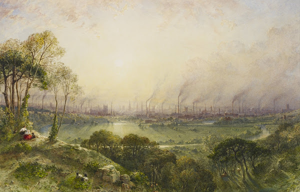 Manchester from Kersal Moor with rustic figures and goats