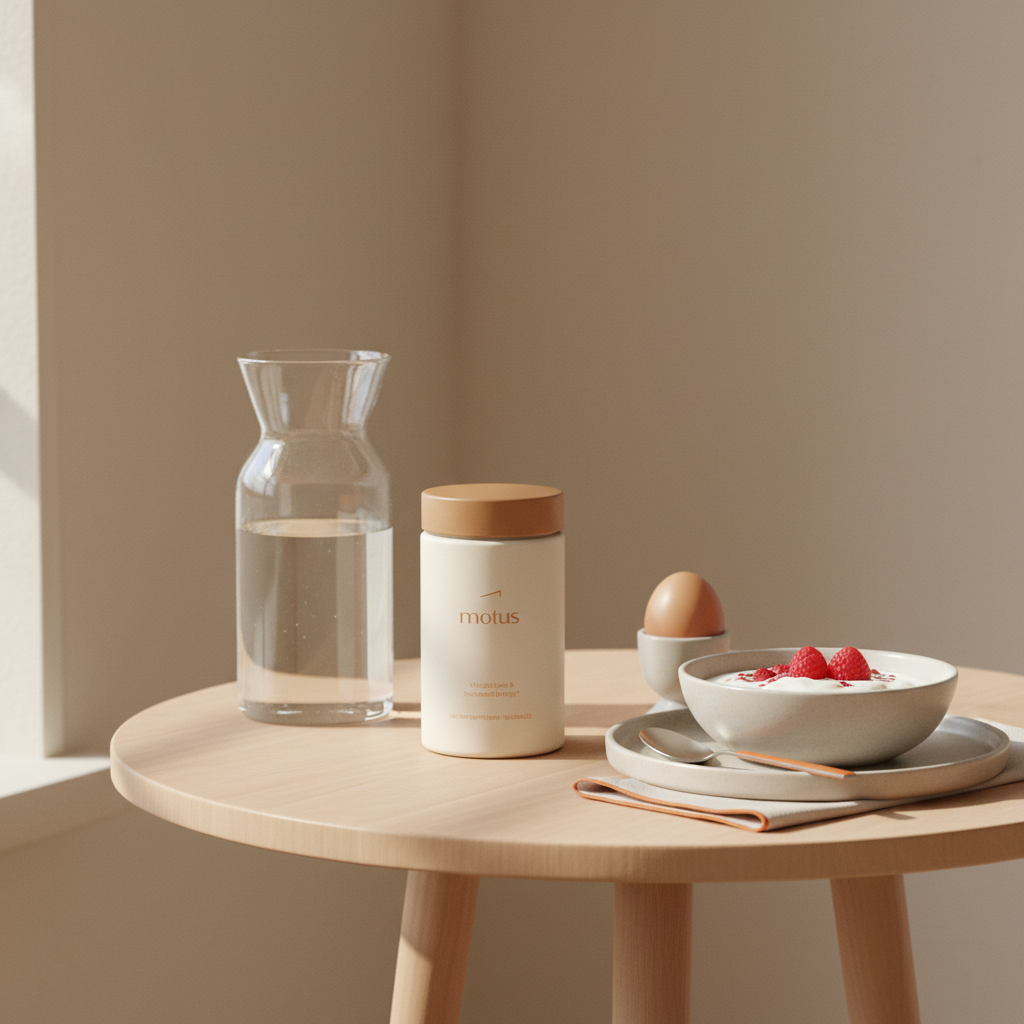 Bright close-up of Tonum Motus supplement jar beside a water carafe and high-protein breakfast on a wooden table, minimalist morning scene promoting belly fat pills and weight loss.