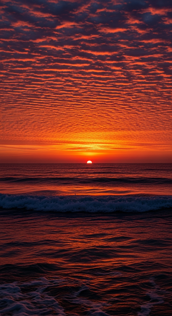 Dramatic Red and Orange Ocean Sunset with Textured Clouds and Rippling Water