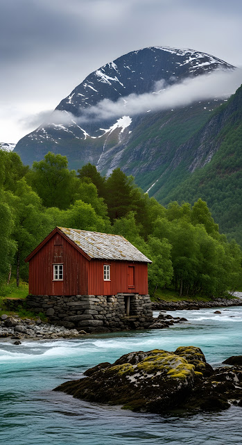 Rustic Red Cabin by Turquoise River in Norwegian Valley - Free mobile Wallpaper