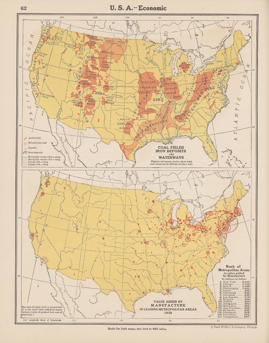 U S AEconomic Coal Fields Iron Deposits Waterways Value Added by Manufacturing 1