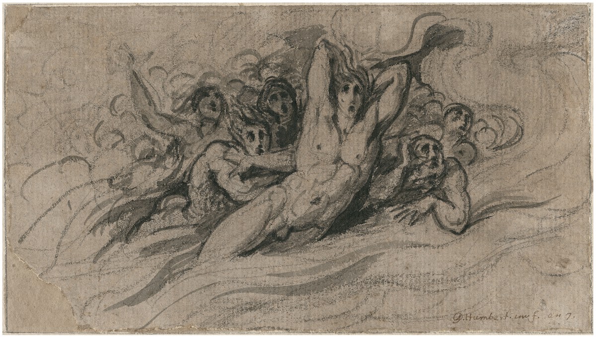 Ontzetting angstige figuren in vlammen of golven