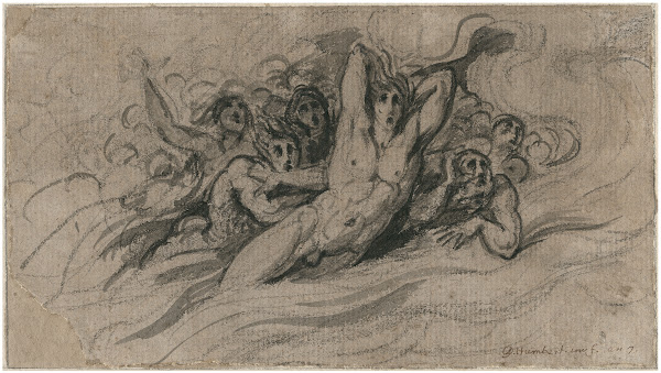 Ontzetting angstige figuren in vlammen of golven