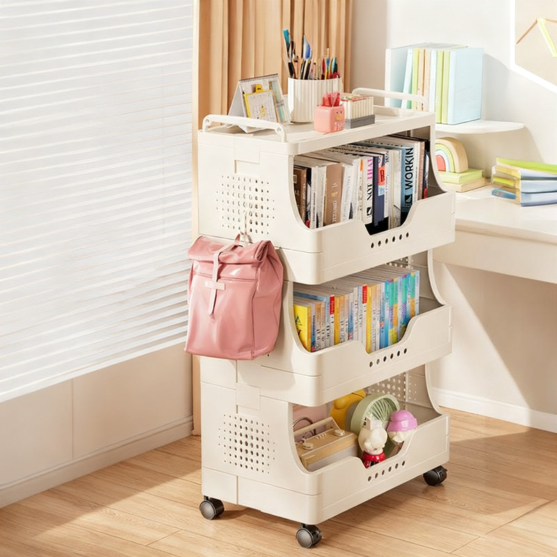 Plastic bookcase with wheels, multi-layered