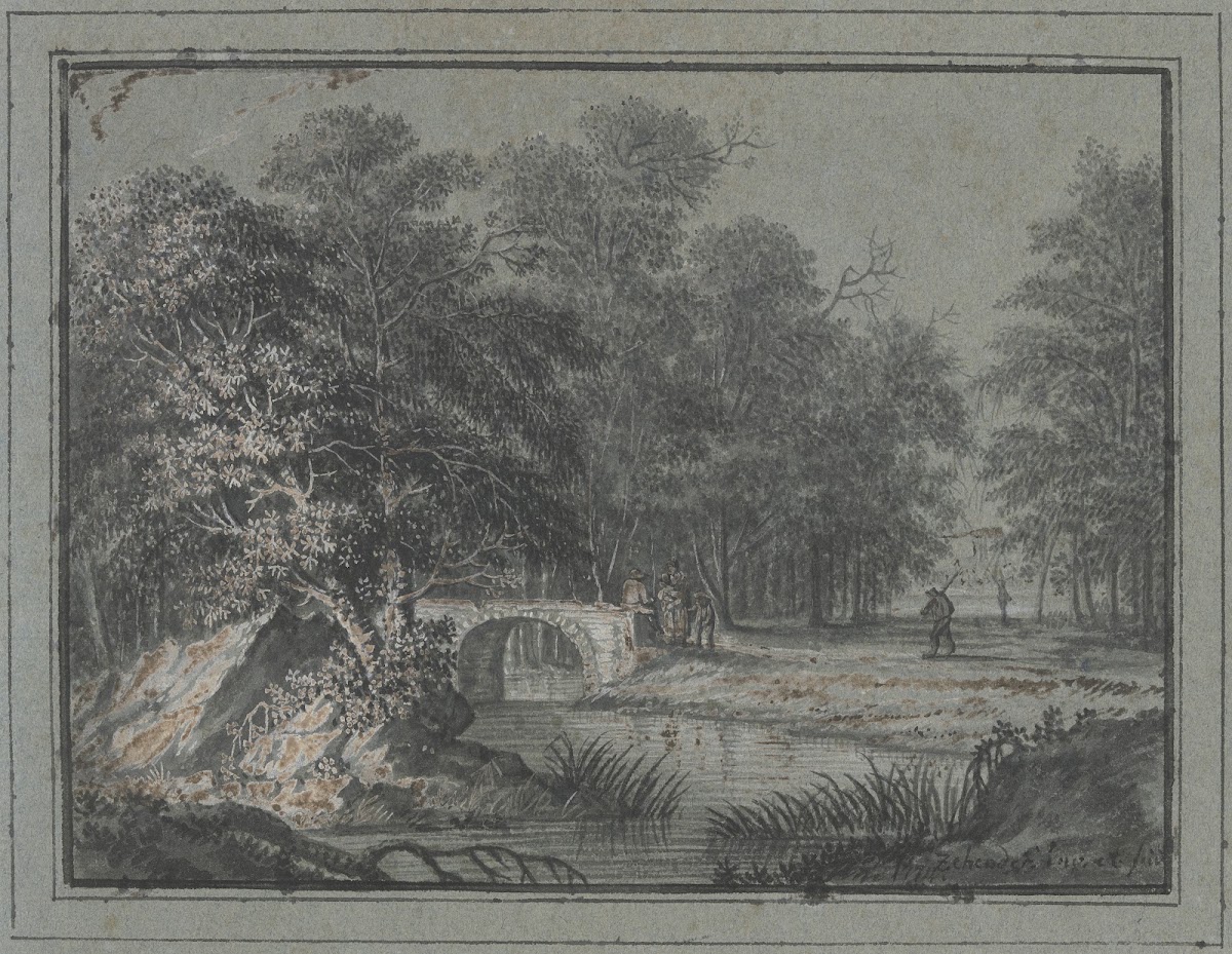 Wald mit Wasser und einer Brücke dabei mehrere Figuren