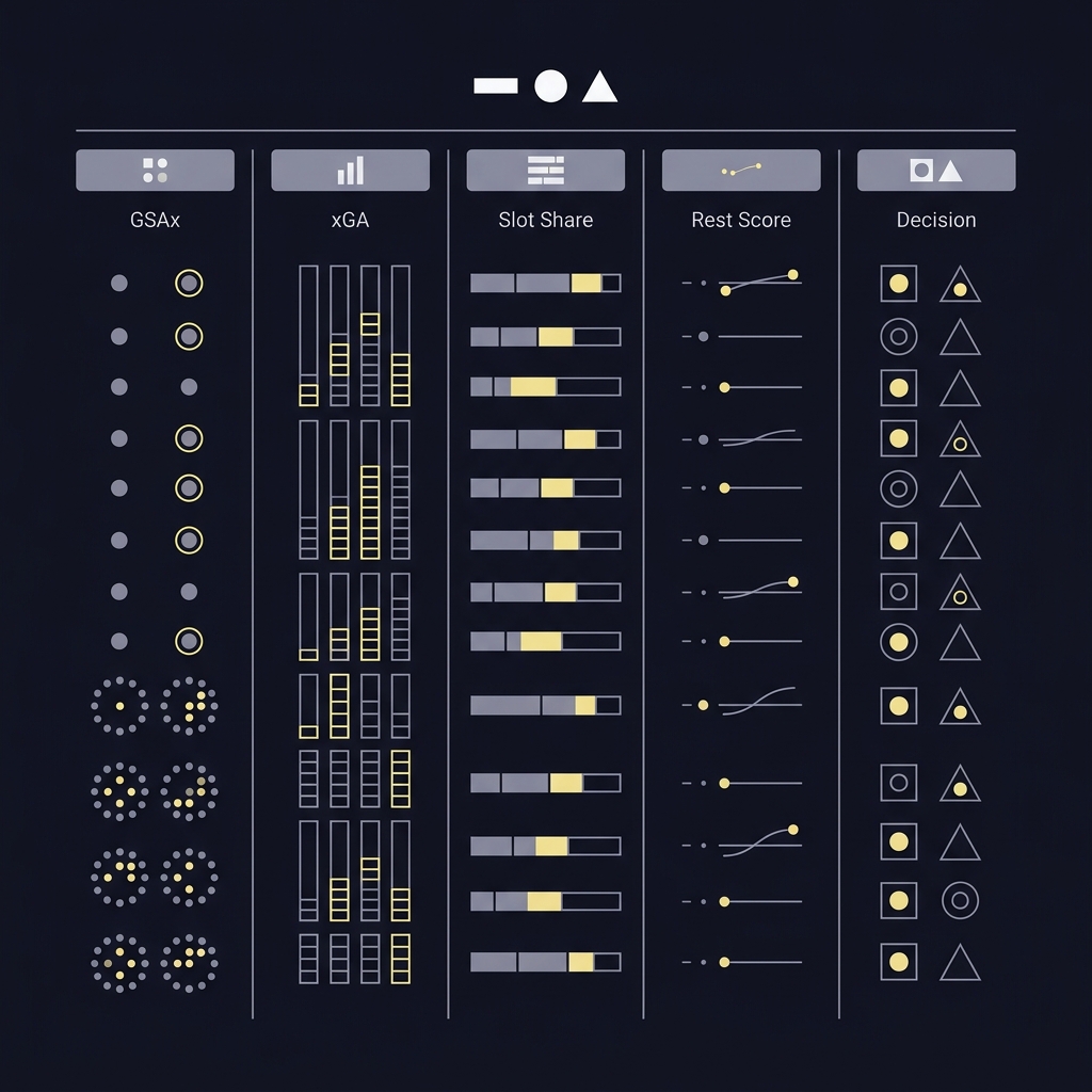 Minimal 2D vector nightly checklist spreadsheet visualization showing GSAx xGA slot share rest score and decision as icons and bar glyphs on Funded Plays dark background How to Analyze Goaltender Matchups