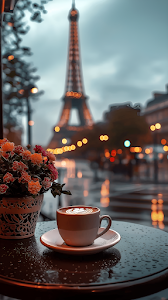 Coffee with Heart Art on Table Near Eiffel Tower