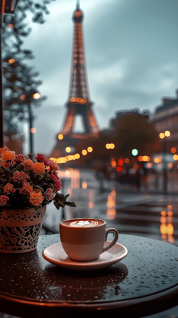 Coffee with Heart Art on Table Near Eiffel Tower - Free mobile Wallpaper