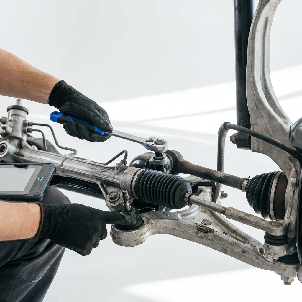 Technician close up inspecting an infiniti q50 steering rack and front suspension components hands visible clean white workshop background infiniti q50 for sale