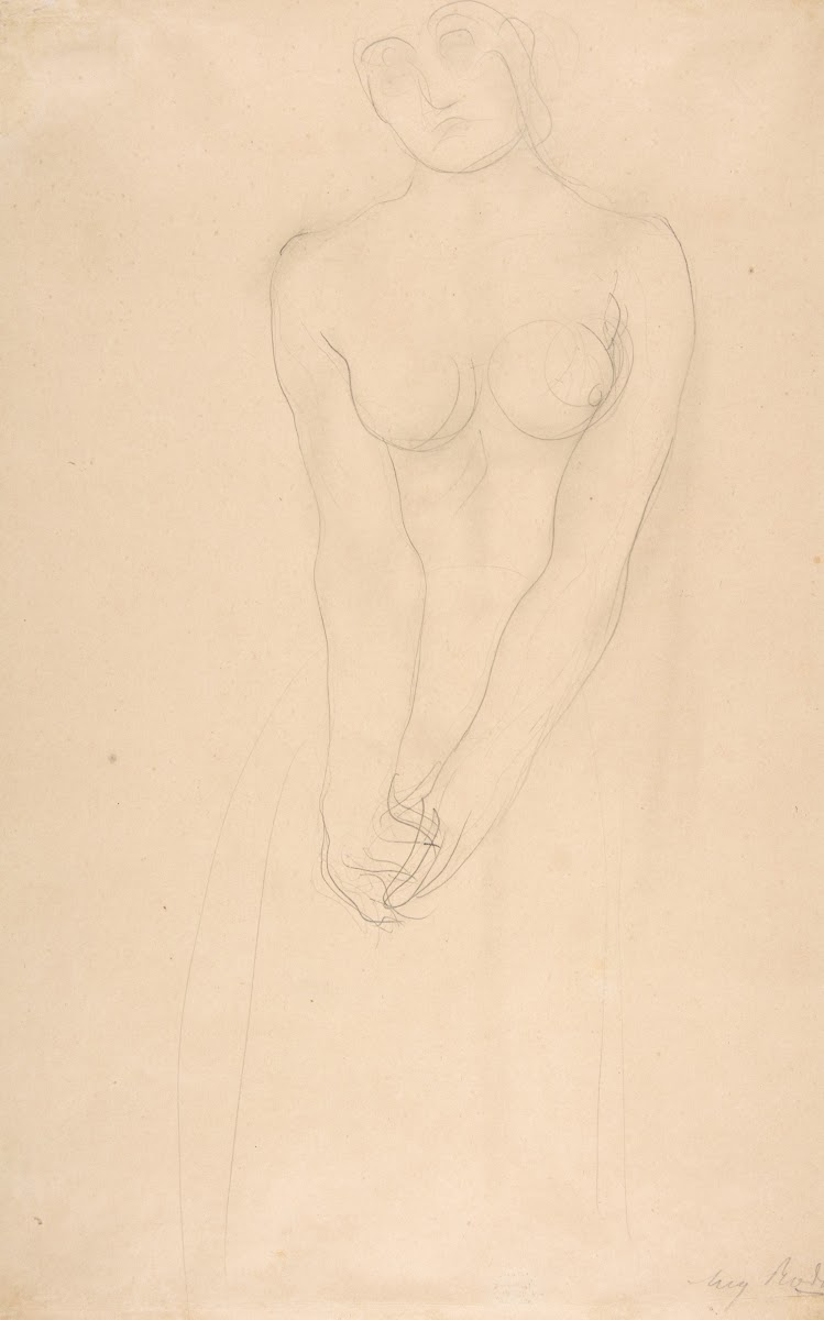 Nude female figure standing with clasped hands
