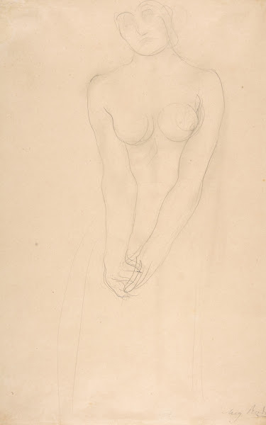 Nude female figure standing with clasped hands