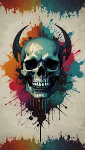 Graffiti Skull Art with Vibrant Paint Splatters and Horns