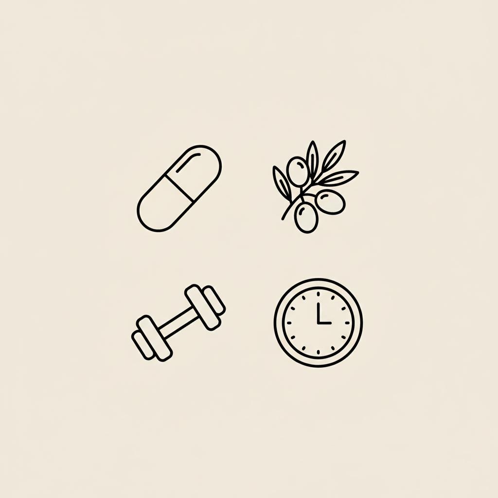 Minimal Tonum-style line illustration of a capsule, olive branch, dumbbell and clock on beige background symbolizing supplements, healthy fats, strength training and time-restricted eating — what is the best thing for insulin sensitivity