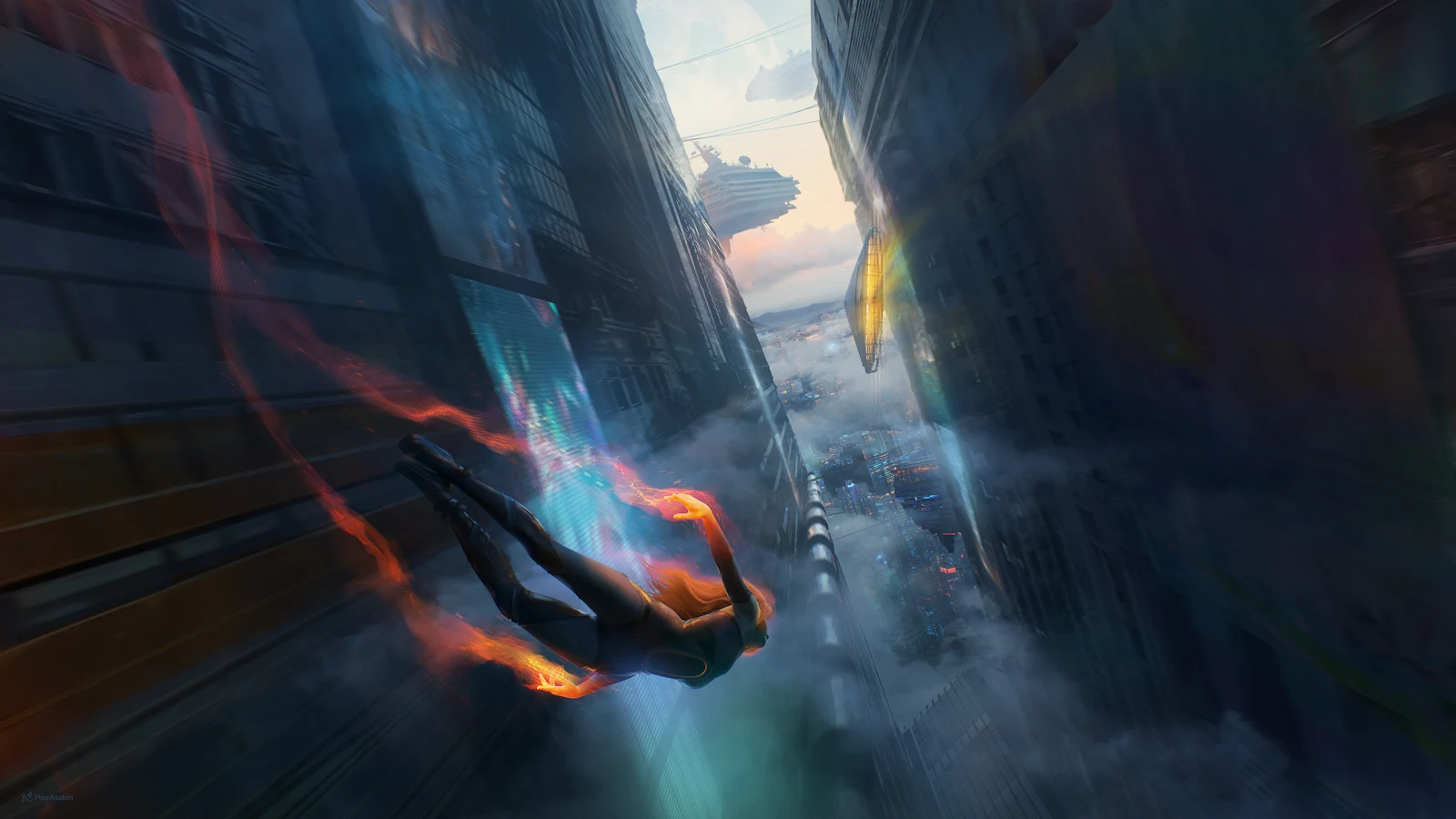 Fiery Descent In Future City - Futuristic Concept Art 4K Wallpaper (3840x2160)