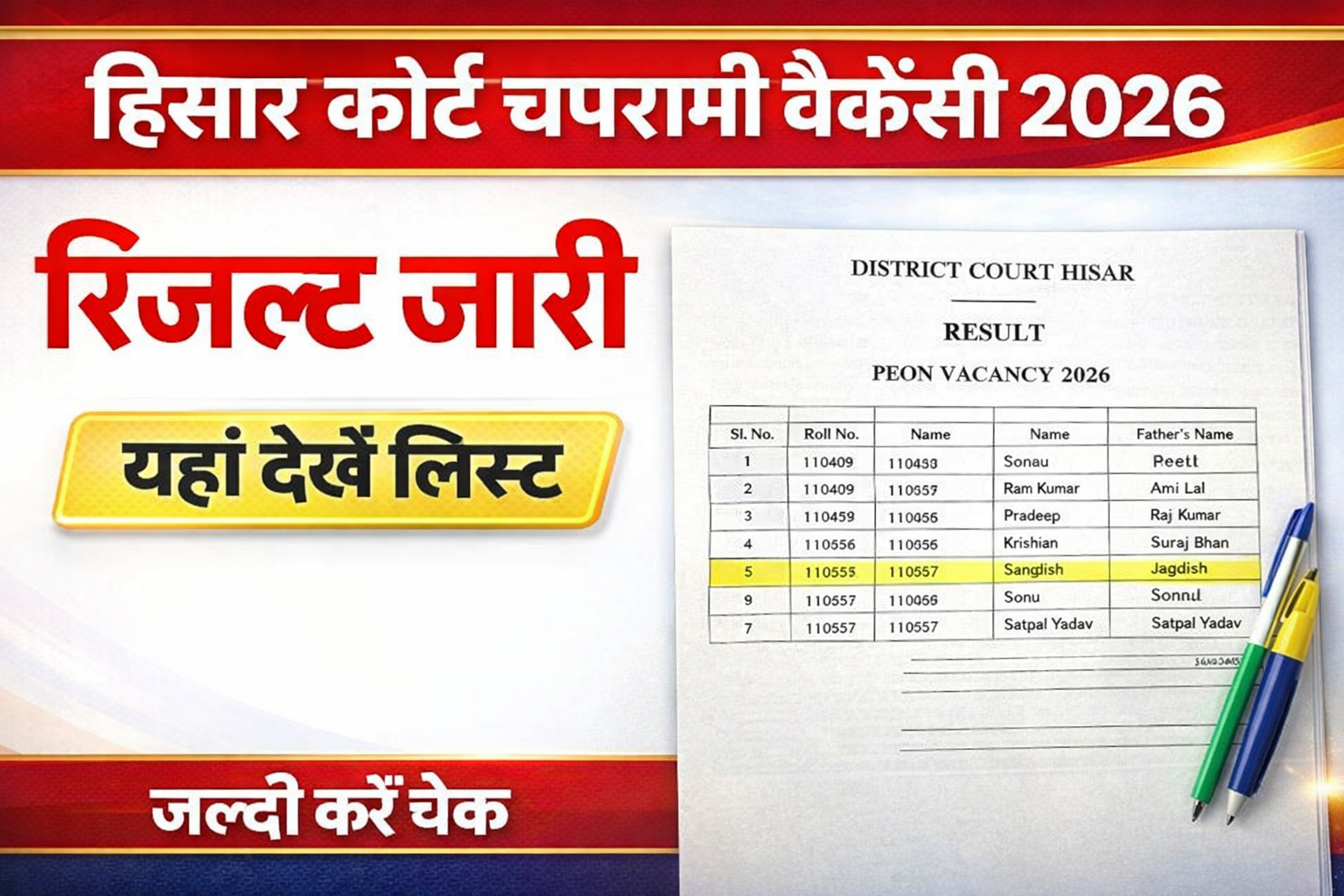 Hisar Court Peon Vacancy 2026 |  Result Released