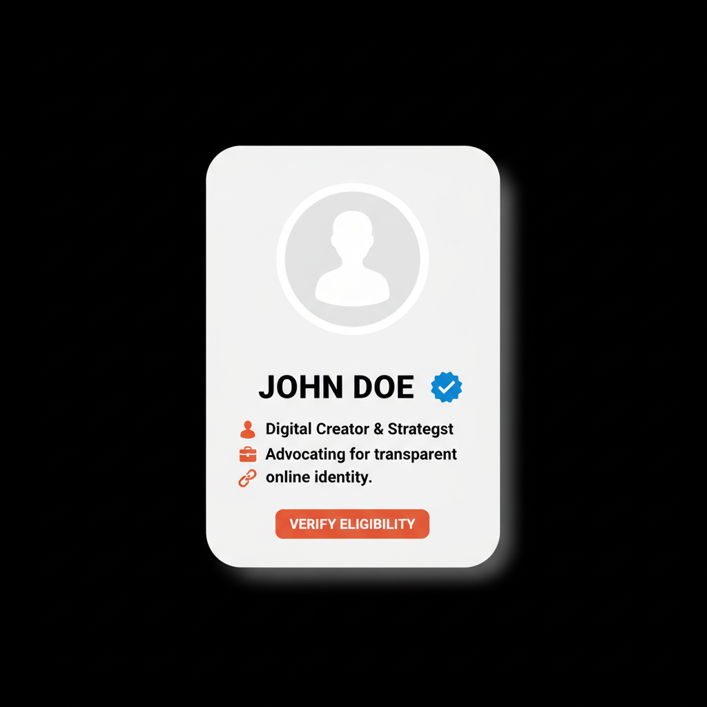 Minimal vector infographic of a profile card (photo, name, short bio) with a blue verification badge on a black background with #dc5c2b accents — Who is eligible for the blue tick on Twitter?