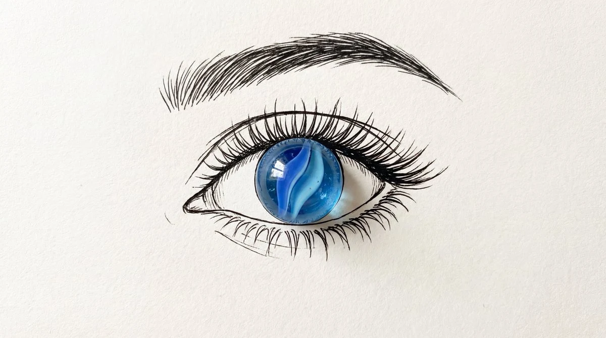 Ilustración minimalista de técnica mixta que combina un ojo humano y una canica de vidrio azul.